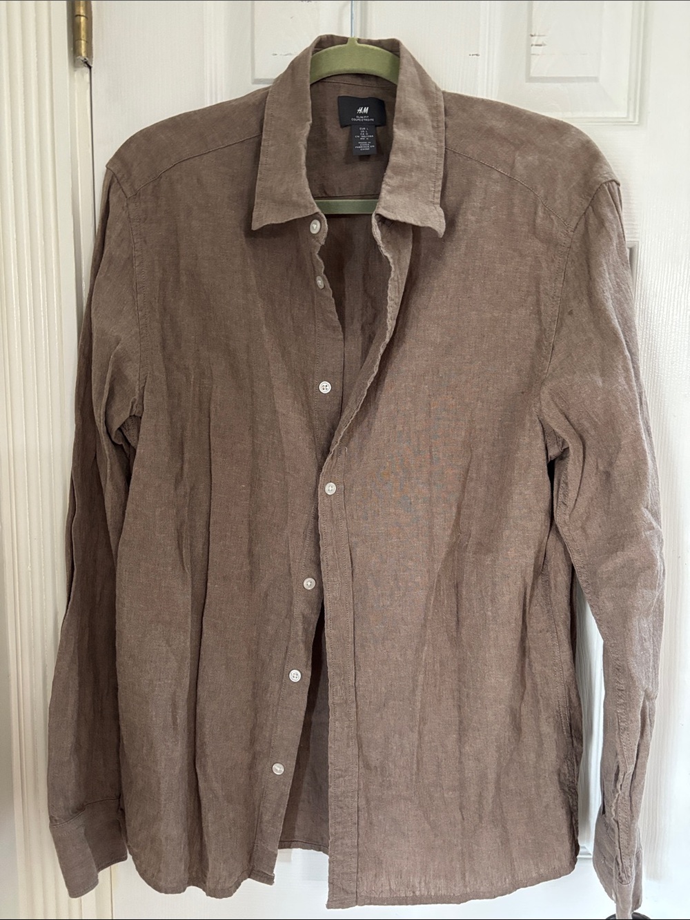 H&M Men's Light Brown Linen Blend Long-Sleeve Button-Down Shirt